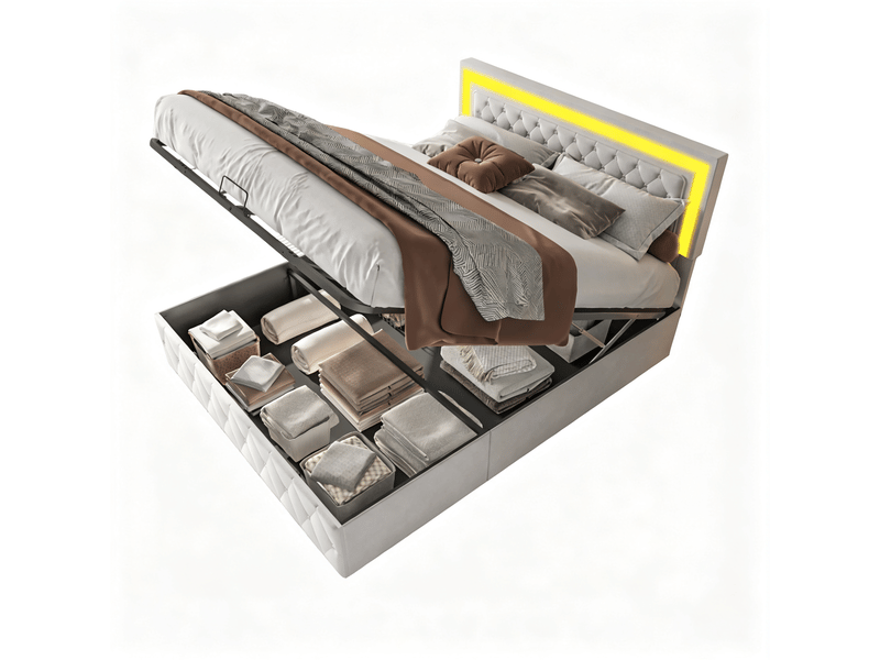  Lit adulte 140x200 cm beige avec éclairage led et coffre hydraulique - velours doux, sommier à lattes, rangement spacieux, charge 280 kg  - Conforama A