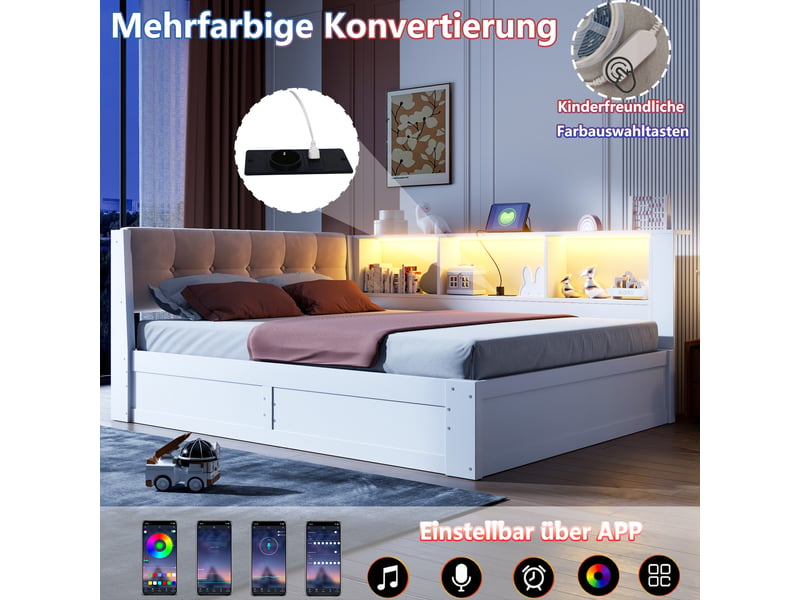 Lit de jour 140x200cm avec rangement hydraulique, led réglable, étagère pratique et usb, sans matelas, blanc, pin  - Conforama D