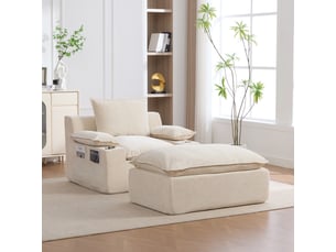 Fauteuil de relaxation convertible avec pouf ottoman 113x93x81cm - avec 4 coussins, porte-gobelets et poches de rangement - chenille -beige