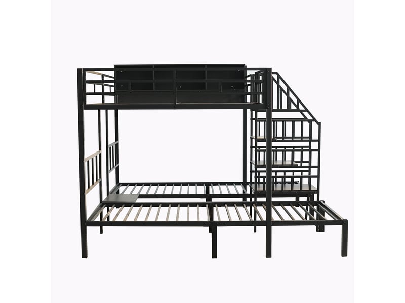 Lit superposé 3 couchages 90x200 et 140x200 cm, escalier avec rampes, rangement intégré, métal noir - Conforama W