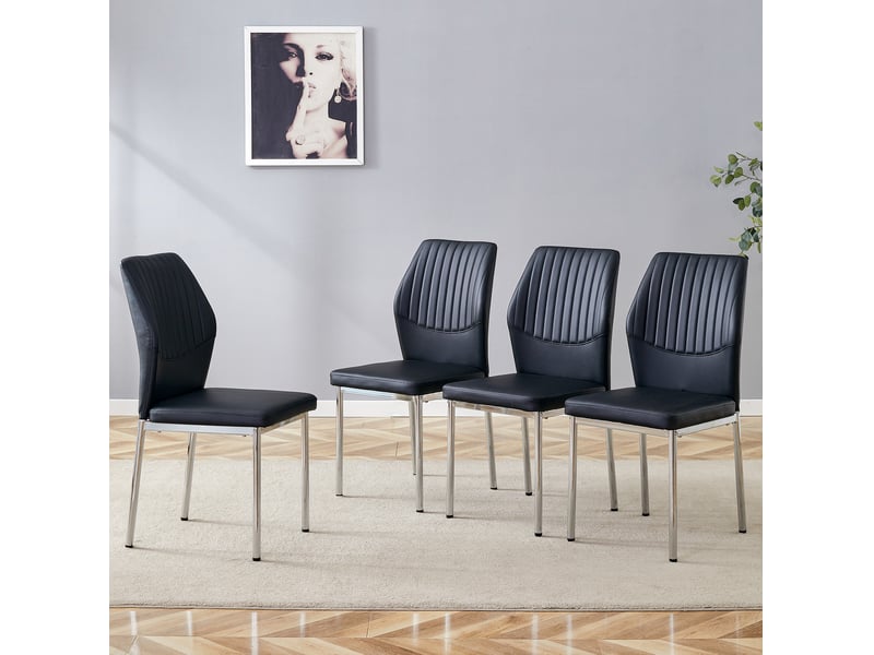  Lot de 4 chaises de salle à manger noires en pu, pieds argentés  - Conforama E