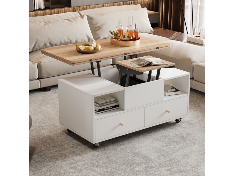  Table basse relevable pliante 100x50x47.5 cm avec 4 tiroirs en mdf coloris naturel  - Conforama C