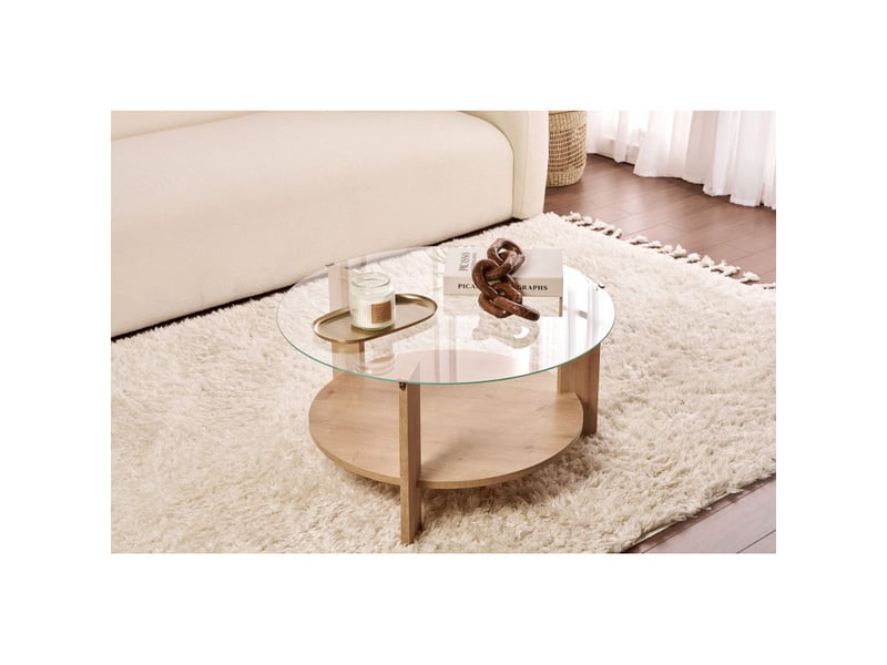 Table basse de salon en verre trempé et bois mdf mélaminé chêne saphir et transparent 75 x 75 x 40 cm - Conforama B