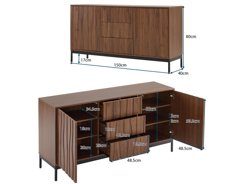  Buffet modenvie 150 x 40 x 80 cm 3 tiroirs 2 portes brun foncé mdf et pb motif rainuré  - Conforama C