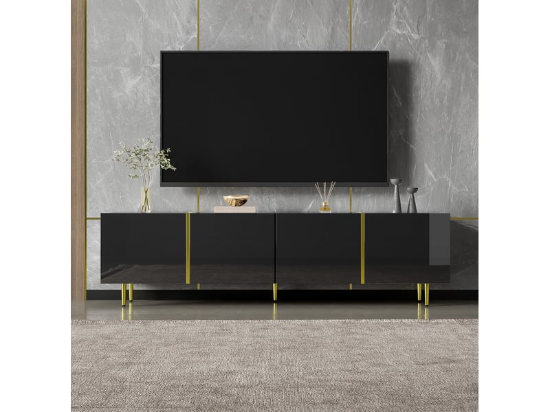  Meuble tv noir brillant et doré 170 x 35 x 46 cm, 4 portes à fermeture douce  - Conforama E