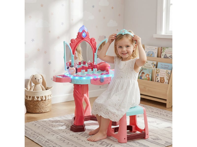  Coiffeuse enfant fille avec tabouret, miroir, lumière, musique, accessoires, 3-6 ans, 57x34x76cm, multicolore  - Conforama B