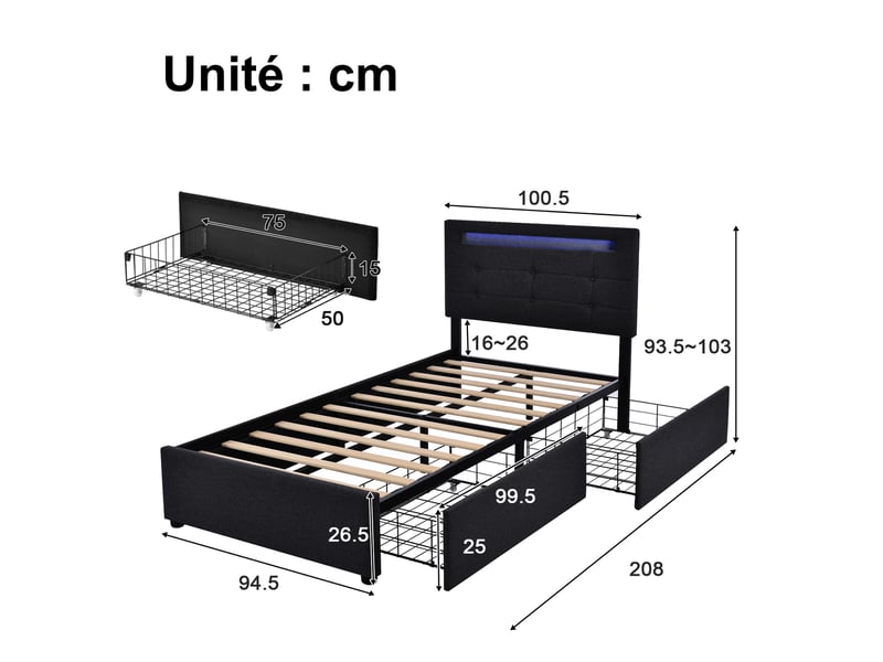  Lit avec tiroirs, lit simple 90x200 cm en tissu noir avec 2 tiroirs, led et tête réglable, sans matelas  - Conforama D