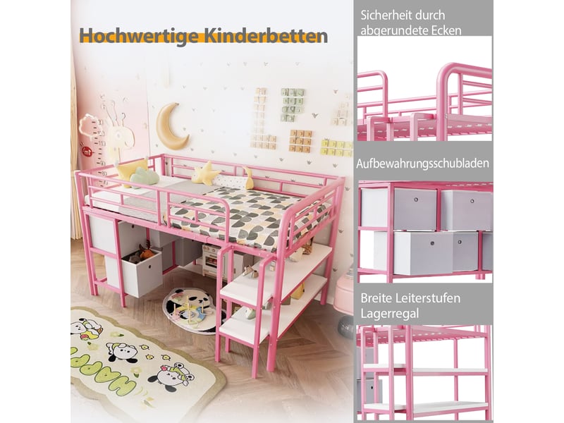  Lit mezzanine enfant 90x200 cm rose en métal, tiroirs, étagères et large échelle.  - Conforama E