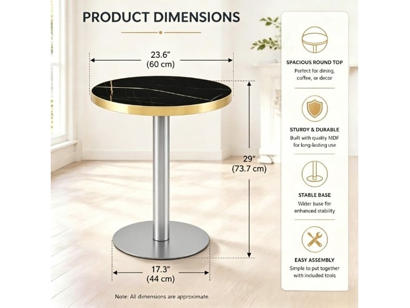  Table d'appoint ronde, effet marbre uv bord doré élégant structure stable, design moderne, pratique, mdf, coloris noir  - Conforama C