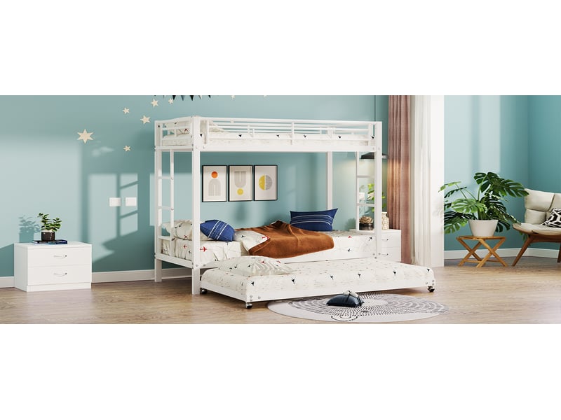 Lit superposé 90x200 cm blanc métal avec lit gigogne et garde-corps haut conforme en747 pour enfant Sol Morn - Conforama E