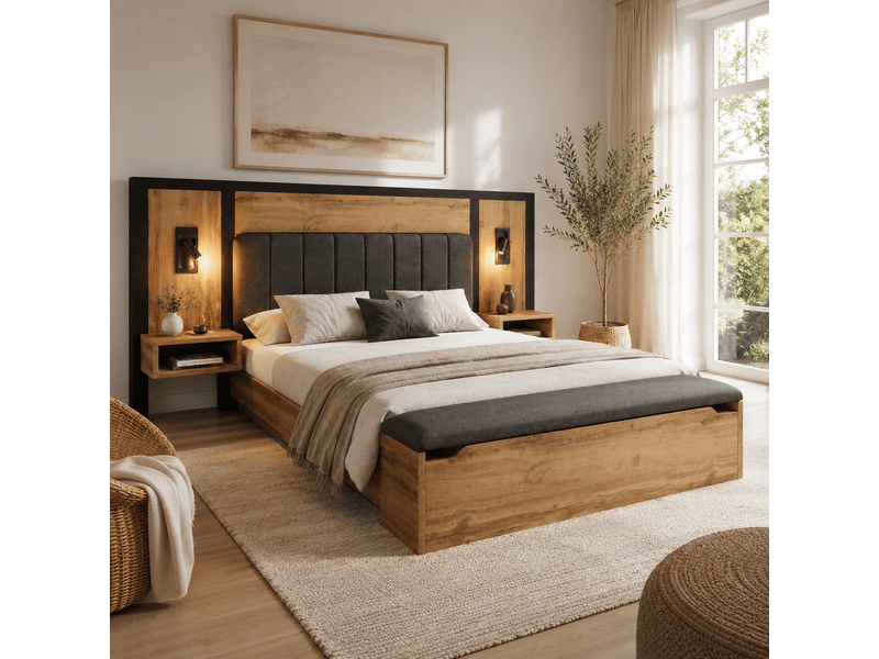  Lit double rembourré 160x200 avec chevets intégrés, lampes de lecture tactiles, ports usb et usb-c, banc coffre, sommier, mdf coloris chêne Morn Vibe - Conforama D