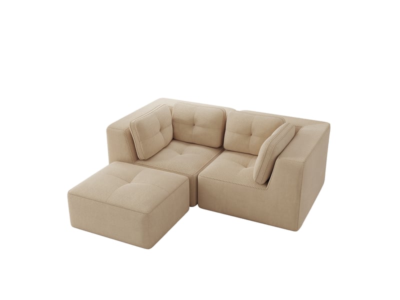 Canapé d'angle modulable 2 places avec repose-pieds mobile en velours côtelé beige  - Conforama A