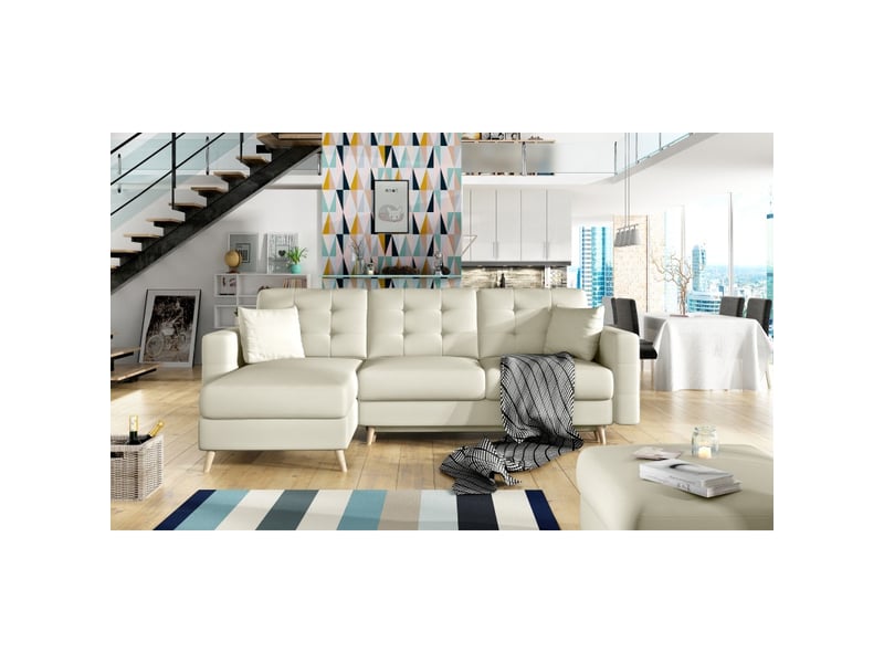 Canapé d'angle convertible hasgard 3 places beige 248x162 cm – coffre et pieds bois - Conforama D