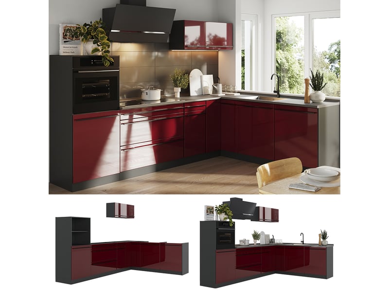 Vicco cuisine en angle, rouge brillantanthracite, 287 x cm plan de travail marbre - Conforama D
