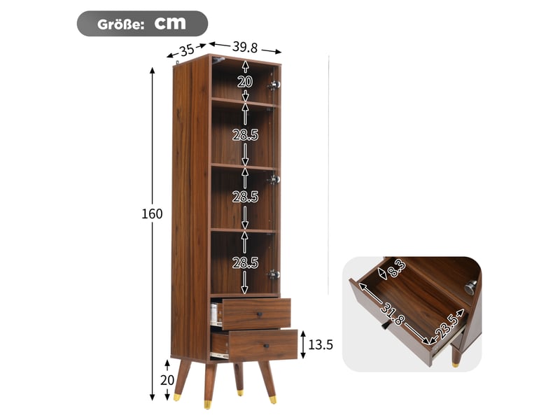  Vitrine, porte en verre, 2 tiroirs, étagères ajustables, intérieur, présentation déco, pour intérieur, en mdf, marron  - Conforama C