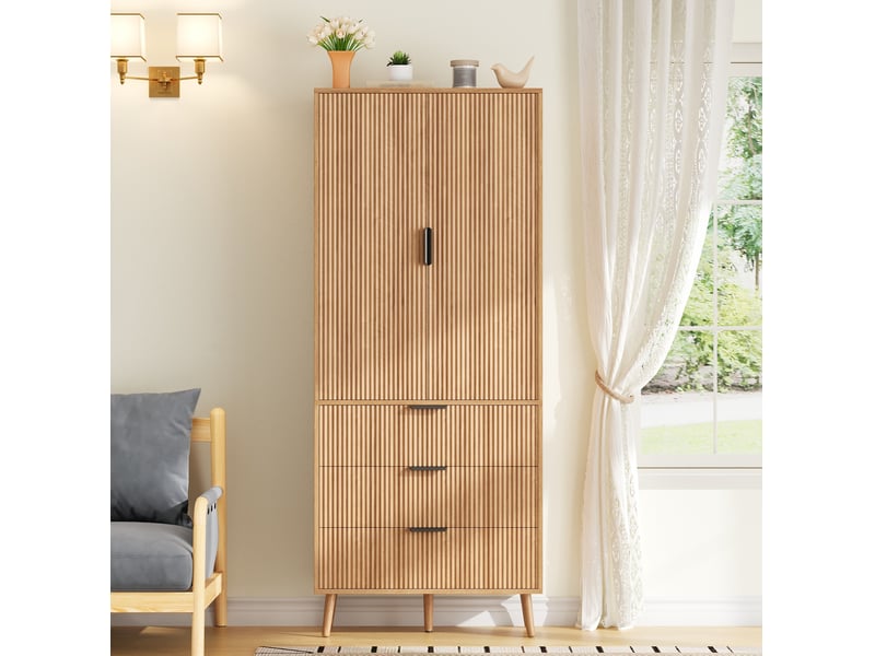  Colonne de cuisine avec 2 portes, 3 tiroirs et étagères réglables en mdf naturel, pour cuisine 75 × 35 × 180 cm  - Conforama E