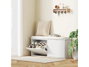 Banc à chaussures avec coussin d'assise rembourré et tiroir rabattable pour couloir, chambre, 104 x 26 x 47,5 cm, blanc