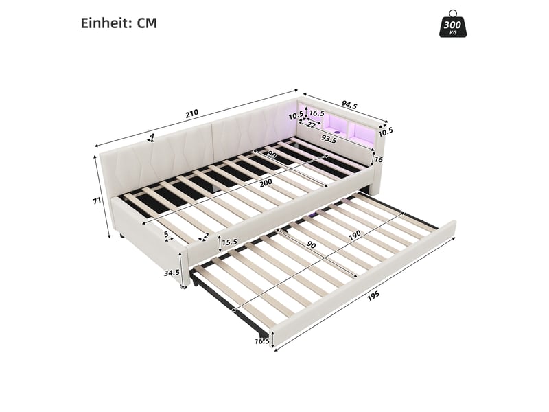  Lit enfant 90x200 cm avec lit gigogne 90x190 cm, led et prise usb, en lin beige, sans matelas  - Conforama C