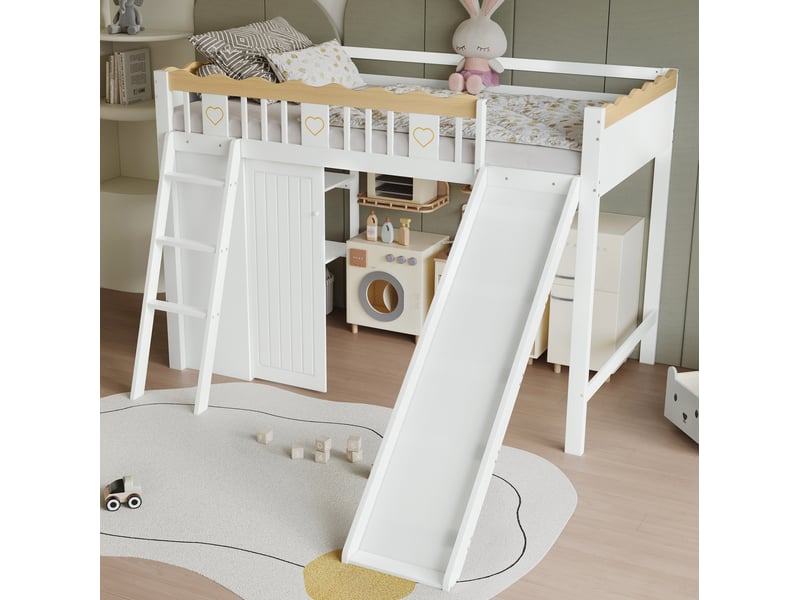 Lit mezzanine enfant avec toboggan, armoire et rangement blanc et naturel 90 x 200 cm - Conforama D