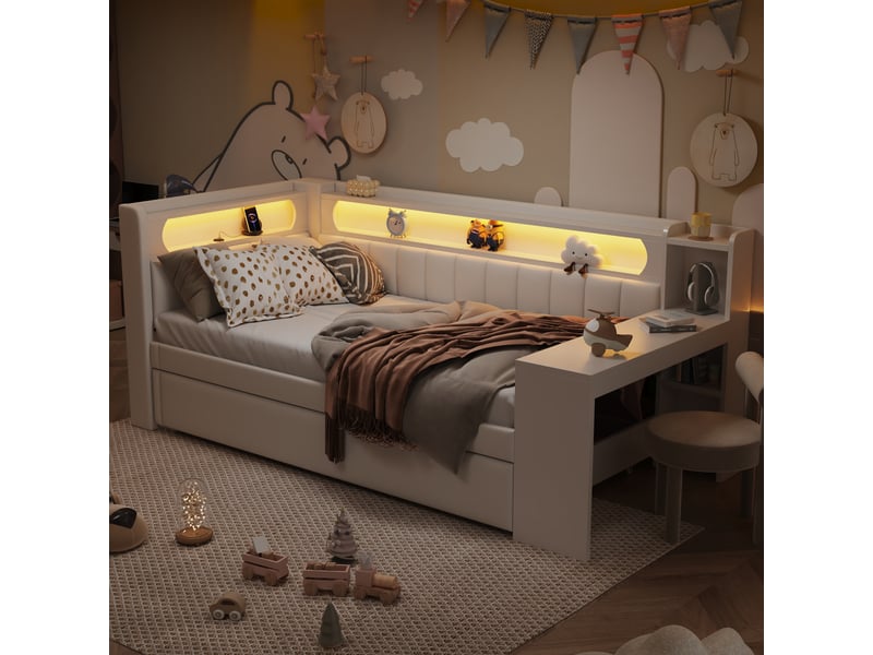 Lit tiroir gigogne 90x200 cm avec bureau, led 7 couleurs, ports usb, tissu lin blanc, sans matelas - Conforama R