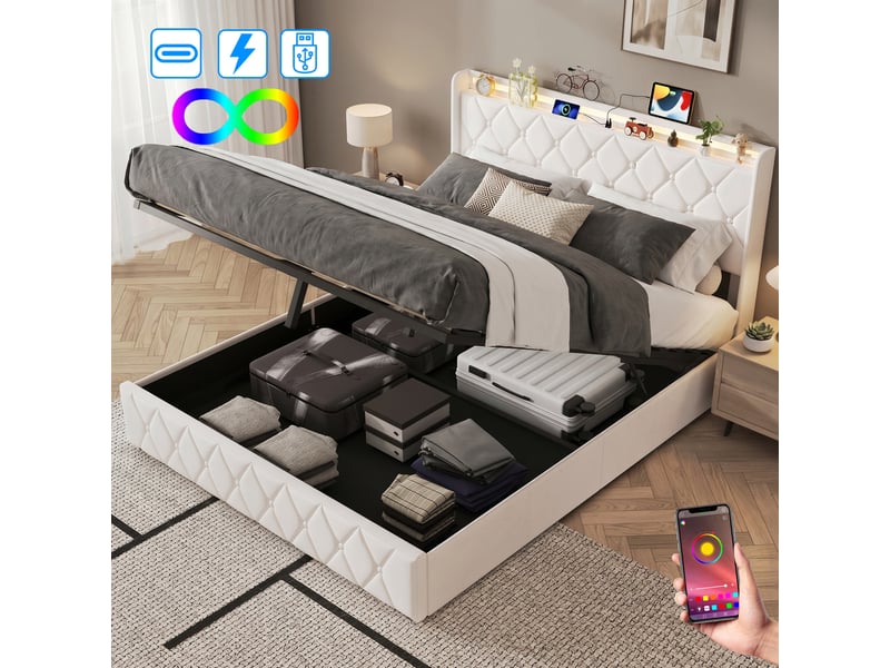  Lit coffre 160x200 cm avec led rgb,usb et type-c, lit double en velours beige ,hydraulique,grand rangement,sommier inclus  - Conforama B
