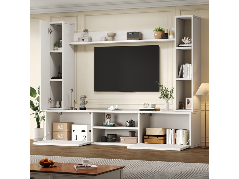  Ensemble de meubles tv 180x35x33.5 cm avec vitrines 4 pièces, étagère sur pied et 2 étagères murales, meuble multimédia comprenant  - Conforama A