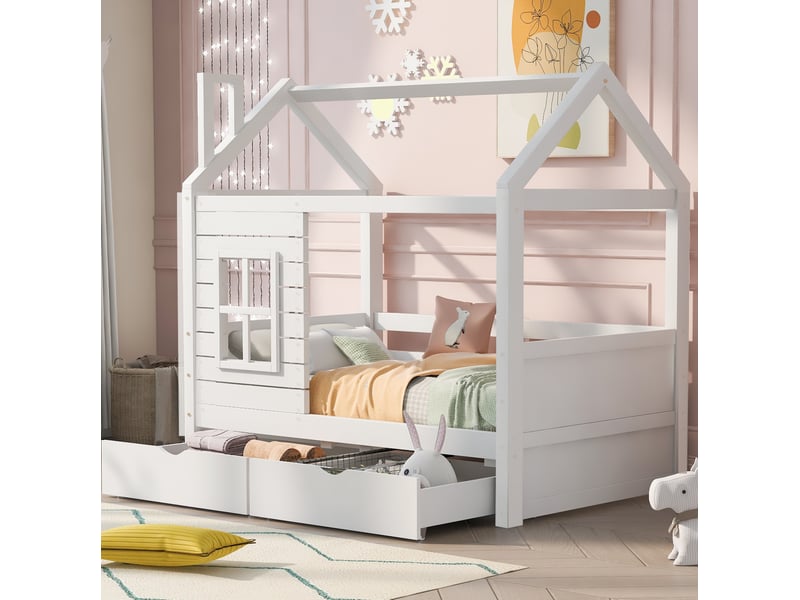  Lit cabane enfant 80x160 cm avec barrières et 2 tiroirs, pin massif blanc  - Conforama C