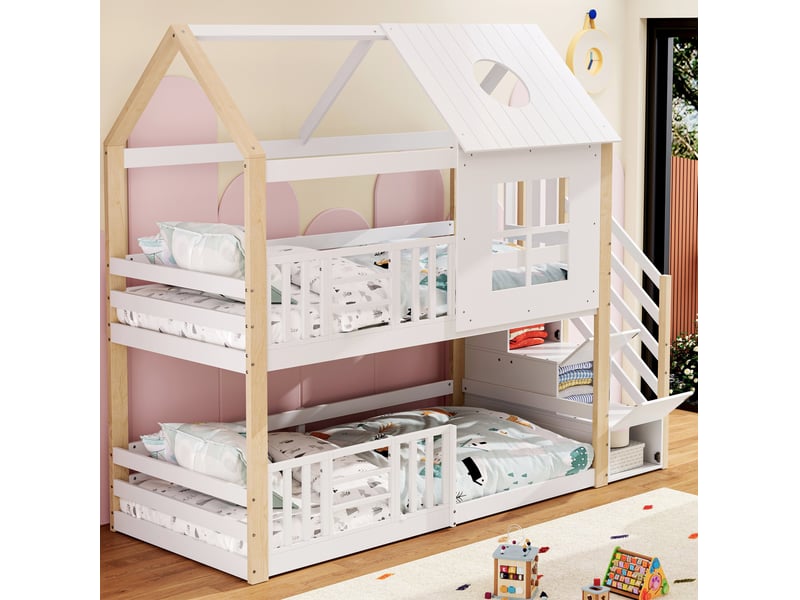  Lit superposé enfant avec escalier de rangement blanc et naturel 90 x 200 cm  - Conforama C