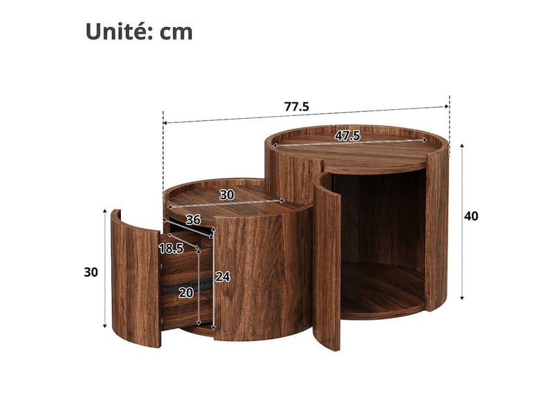 Table basse ronde avec rangement et tiroirs, finition noyer, 77.5x47.5x40 cm  - Conforama E