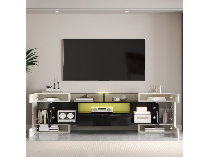  Meuble tv avec 6 portes, 2 tiroirs et 3 niches, led multicolore pour salon, blanc et noir, 200×35×60 cm  - Conforama C