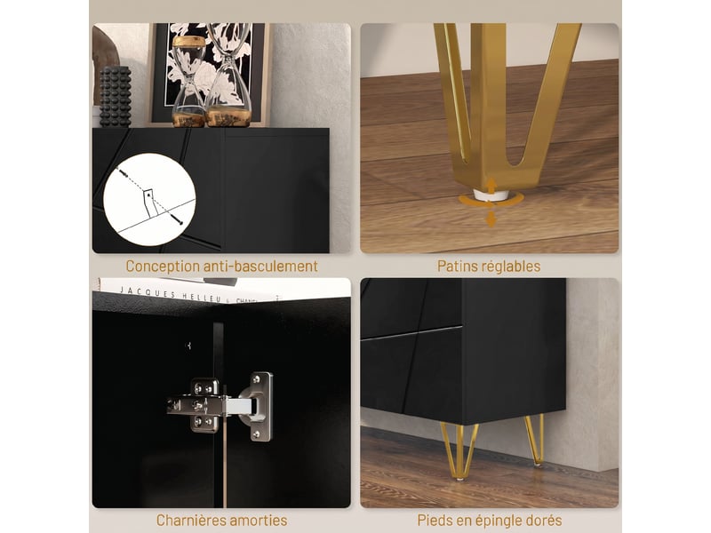  Buffet salon, meuble de rangement à haut brillance, 120x40x75cm, 3 portes à fermeture douce et étagères réglables, noir  - Conforama W