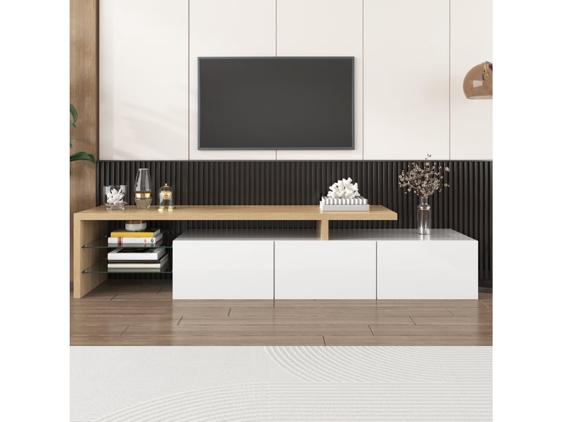  Meuble tv modenvie moderne 197,5 x 39 x 42 cm mdf et verre blanc et décor bois led 7 couleurs  - Conforama E