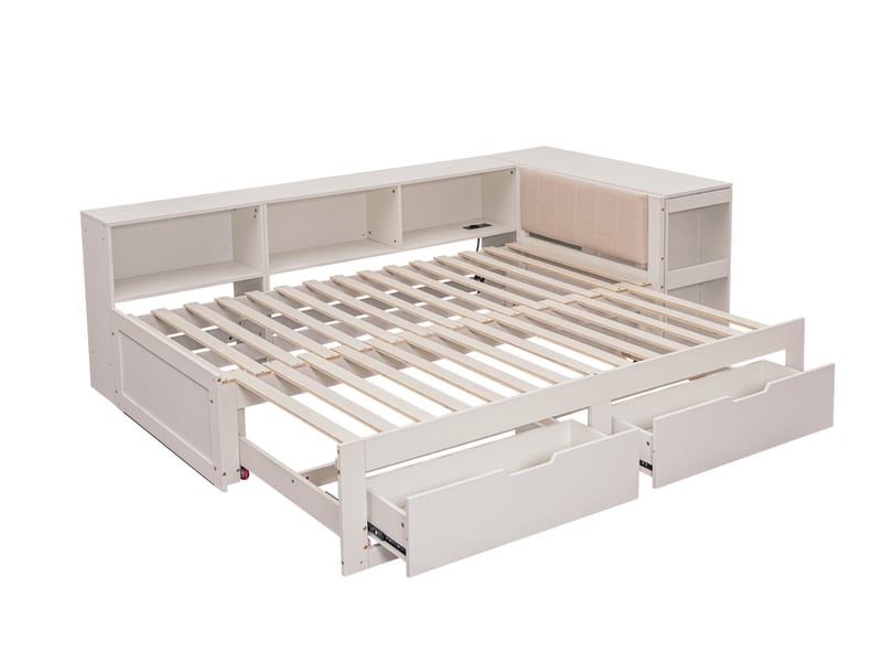 Lit banquette 90x200 extensible 180 cm, 3 en 1, avec sommier à lattes, tiroirs, tête de lit rembourrée, sans matelas - Conforama A