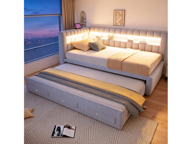Lit gigogne 90x190 cm, lit jeune avec rangement, led et usb en mdf couleur gris clair sans matelas, moderne - Conforama D