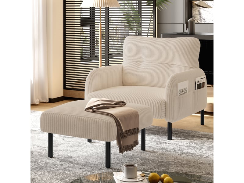  Fauteuil individuel en tissu velours côtelé avec repose-pieds, accoudoirs munis de poches latérales, structure métallique stable DUD2018 - Conforama D