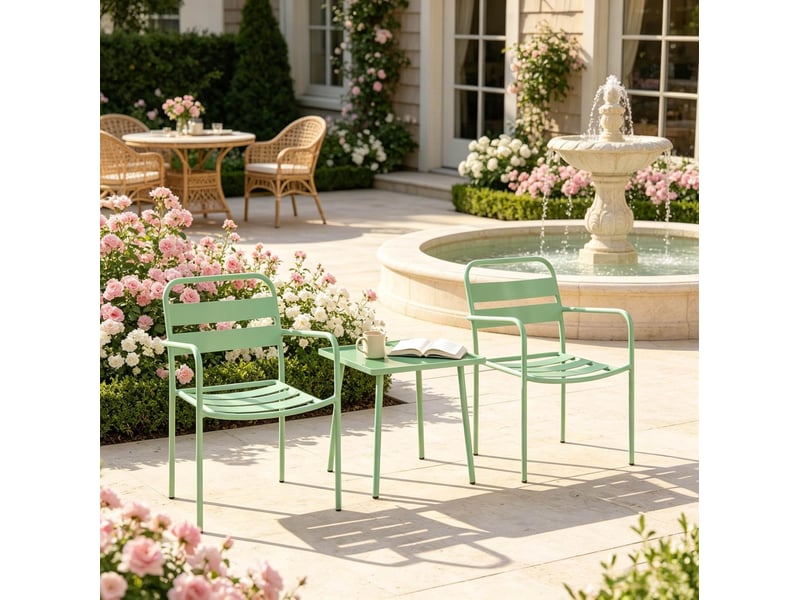  Ensemble bistro de jardin 3 pièces vert avec table en verre trempé et 2 fauteuils  - Conforama E