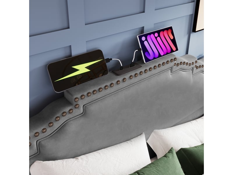 Lit double 160x200cm avec tête de lit velours, led, ports charge, 4 tiroirs, métal + bois, gris, sans matelas - Conforama E
