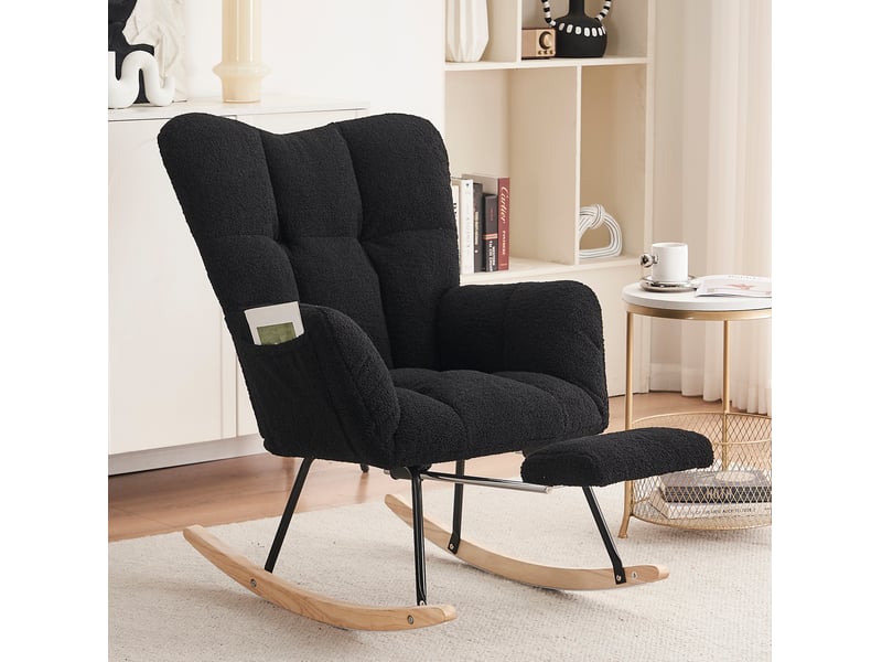  Rocking-chair avec repose-pieds pliable, dossier haut tufté et accoudoirs épais en tissu teddy noir  - Conforama B