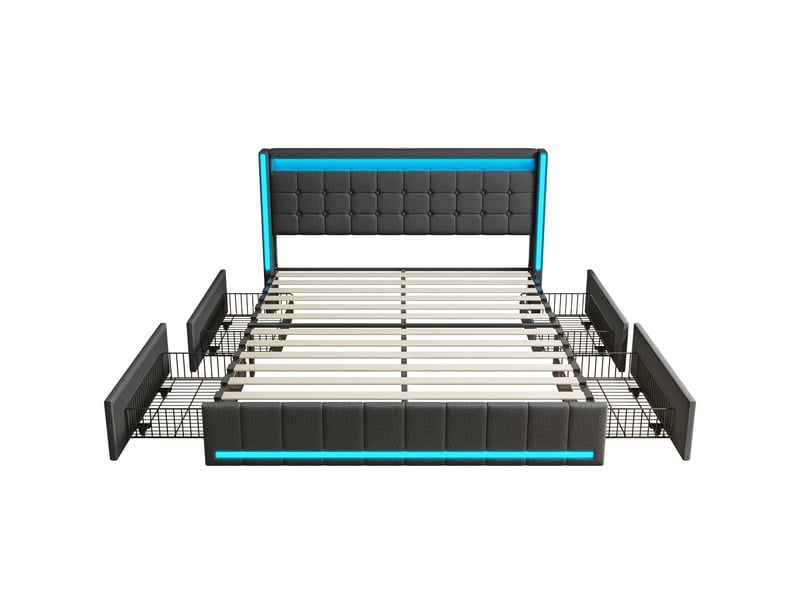  Lit 140 x 200 avec sommier,lit double 140 x 200, 4 tiroirs de rangement, bandeau led port usb, revêtement tissu lin, gris  - Conforama A