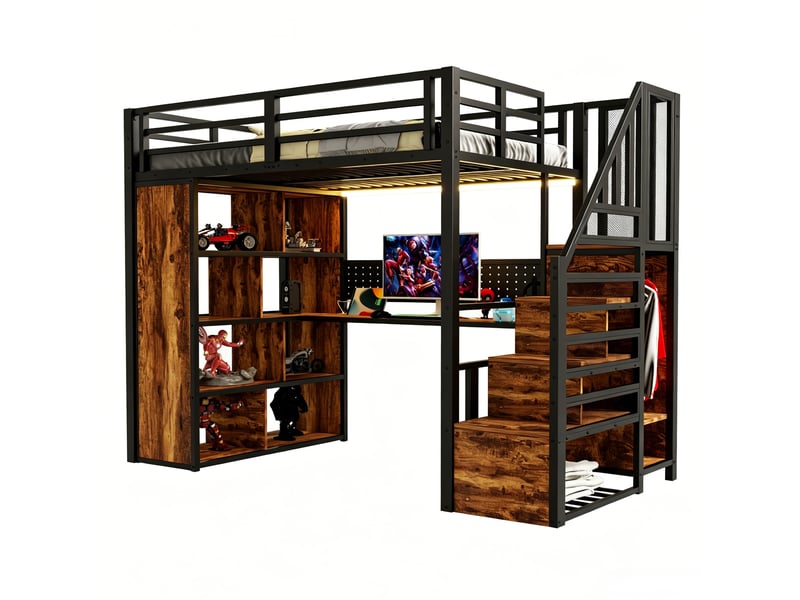  Lit mezzanine en métal 90 x 200 cm avec bureau, armoire, étagères, led et prises, noir  - Conforama A