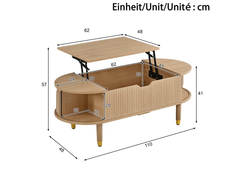  Table basse ovale 110x48x57 cm plateau relevable et rangement coloris naturel  - Conforama C