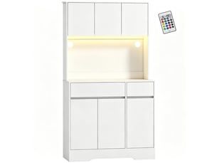 Buffet de cuisine haut blanc, meuble de rangement 6 portes et 2 tiroirs, led. Vendu sans matelas.