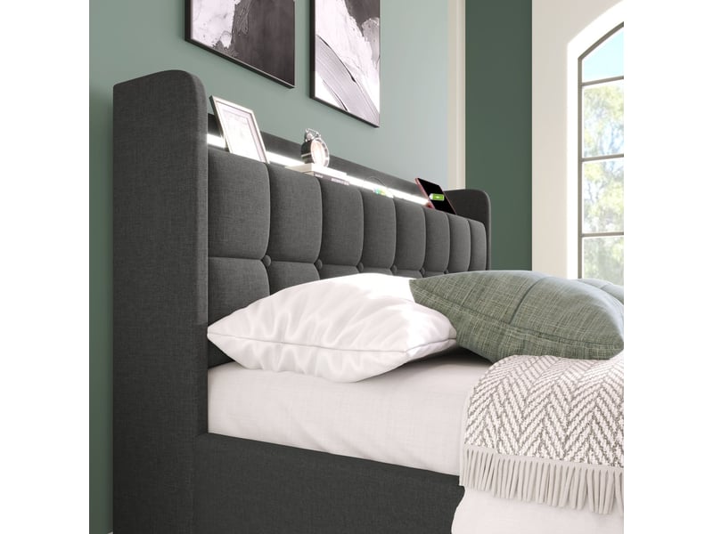  Lit double capitonné 180 x 200cm avec fonction de recharge usb tête de lit et éclairage led et 4 tiroirs, lit coffre cadre de lit  - Conforama B