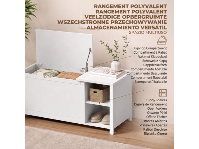  Banc à chaussures blanc avec étagère réglable et compartiment à rabat, rangement pratique  - Conforama D