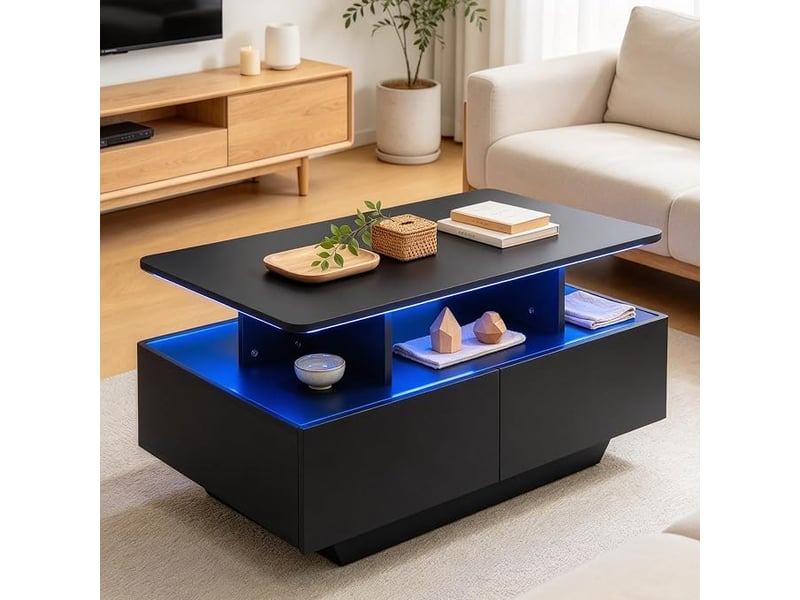 Table basse rectangulaire, meuble de rangement avec led, noir mat - Conforama D