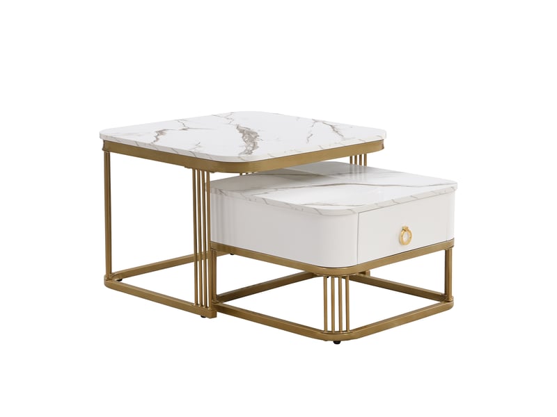  Table basse empilable : aspect marbre brillant, détails dorés, table d’appoint avec tiroirs. Ensemble de deux pièces.  - Conforama D