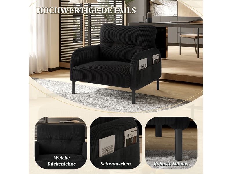 Fauteuil en velours - velours côtelé doux - profondeur d'assise confortable - accoudoirs avec poches latérales Noir - Conforama D