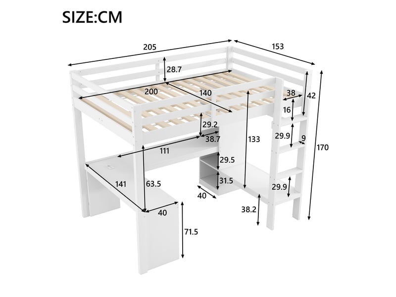  Lit mezzanine 140x200 cm coloris blanc led pin lit enfant blanc - Conforama C