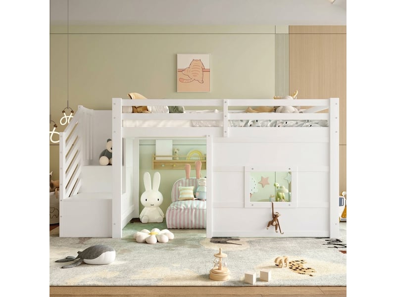  Lit mezzanine 90x200 avec escalier de rangement et fenêtre, éclairage led, blanc  - Conforama B
