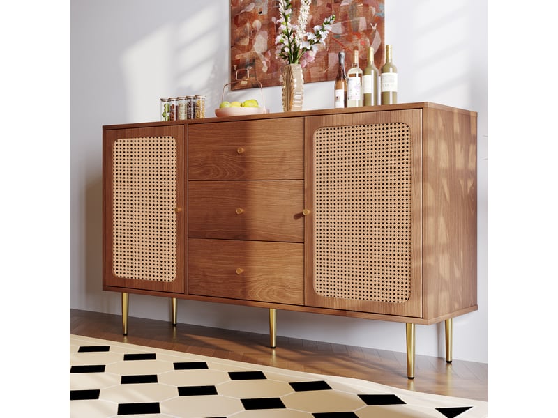  Buffet bas 2 portes et 3 tiroirs en noyer, étagère réglable, 150 x 40 x 90 cm  - Conforama D